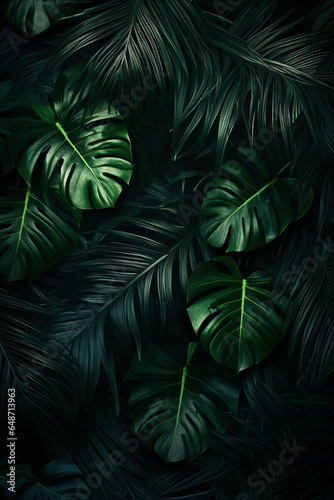 Tropical background with monstera leaves and dark background
