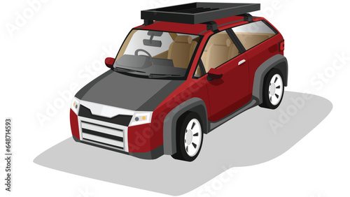 Object of traveler car red color. Can view interior. Inside with steering wheel and console with seat. Separate layer bonnet. On roof with rack. Isolated white background with shadow.