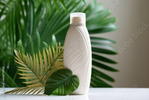 Cosmetic Plastic Bottle  White Blank Packaging with Palm Leaves 