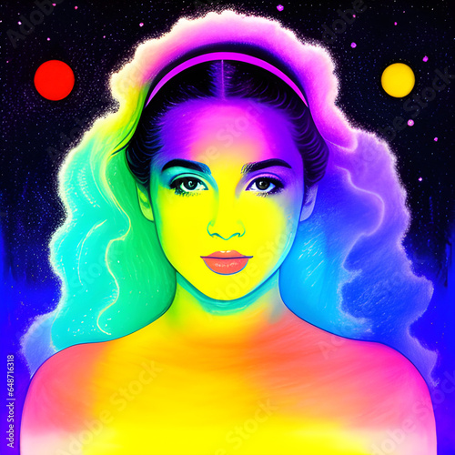 A drawing of a beautiful girl in the colors of the spectrum swimming in the sky 2
