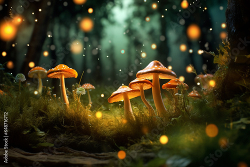 Floresta magica de cogumelos e luzes brilhantes - Papel de parede photo