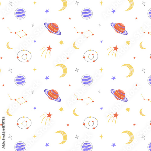 Space pattern, seamless background for textiles, packaging and children's bedding. Cosmic pattern in the style of flat, planets and comets, stars and galaxies.