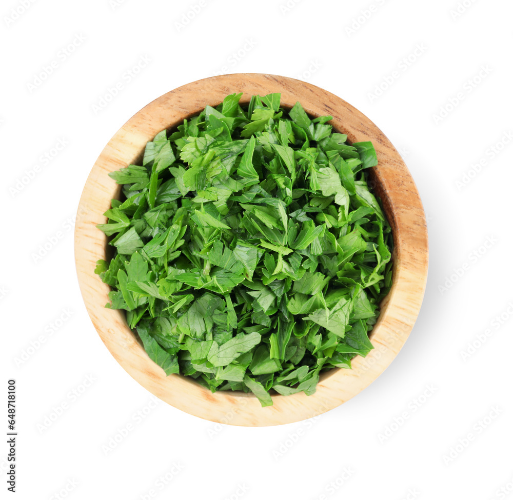 Chopped parsley leaves in wooden bowl isolated on white, top view Chopped parsley leaves in wooden bowl isolated on white, top view