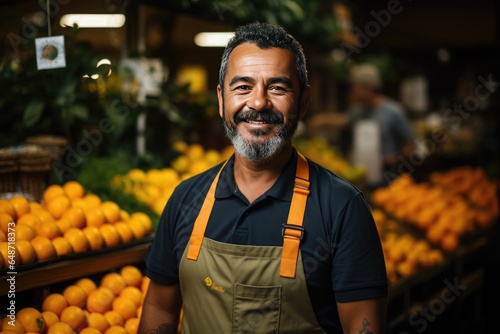 Greengrocer happy selling fruit in his store content in his store