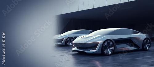 Futuristic stylish sportier cars in front of the building with copy space, Generative AI image © SNEHIT PHOTO