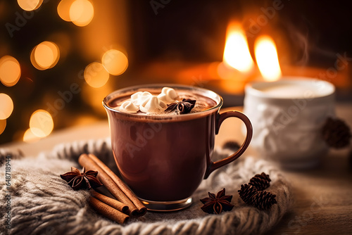 Leinwand Poster Festive hot cocoa drink with marshmellows