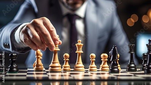 A business strategist advances a chess piece on the game board