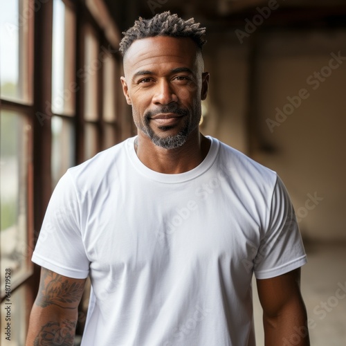 A mature African American man wearing a plain white shirt with simple background. Generative AI