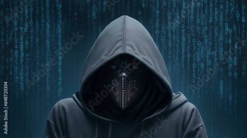 バイナリ背景にマスクとパーカーを着たコンピューターハッカー。 隠された顔。 インターネット詐欺、サイバーセキュリティ｜Computer hacker wearing mask and hoodie on binary background. hidden face. Internet fraud, cyber security. Generative AI