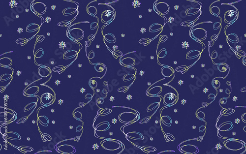 Holiday vector seamless pattern with outline drawing of serpentine ribbons on dark blue. Greeting card, gift packaging., wrapping paper. Naive scrabble style collection for happy new year. 