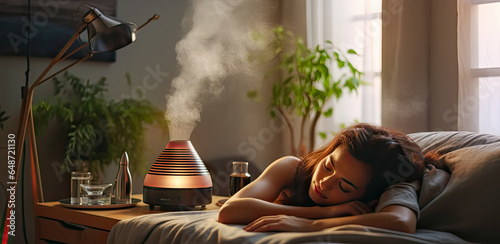 Woman sleeping with an aromatherapy diffuser on the bedside table. photo