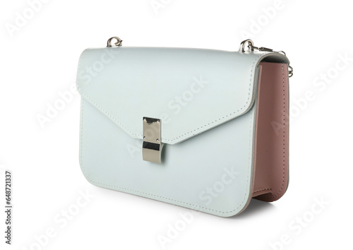 Stylish blue bag on white b...