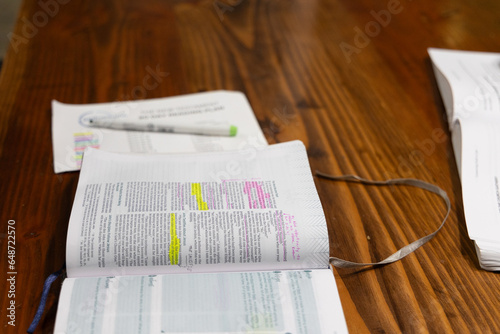 Close up of Bible verses on page of open Bible with highlighter in background during young women's Bible study, some verses are highlighted in yellow and pink