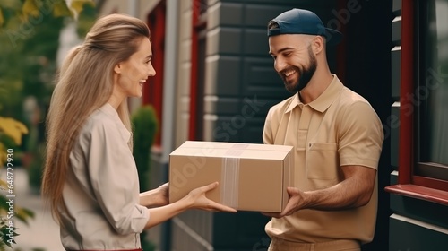 Happy smiling woman receives boxes parcel from courier in front house. Delivery man send deliver express. online shopping, paper containers, takeaway, postman, delivery service, packages © pinkrabbit