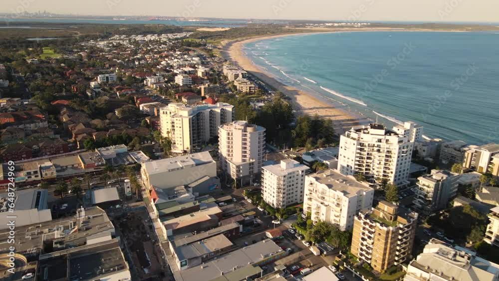 Aerial drone view above Cronulla in the Sutherland Shire, South Sydney, NSW Australia looking toward Cronulla Beach on a sunny afternoon in September 2023  