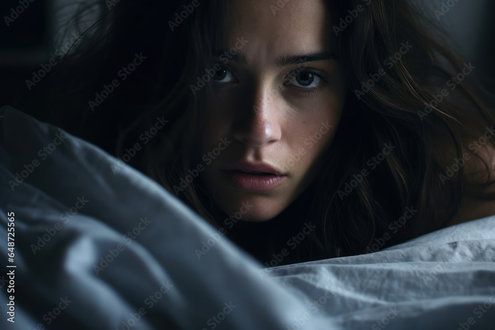 Overhead Caucasian Female Tossing Trying To Sleep At Night Background Generative AI Overhead Caucasian Female Tossing Trying To Sleep At Night Background Generative AI