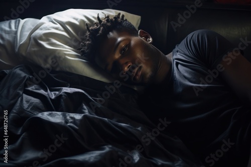 Black Male Restless In Bed In Dark Backdrop Generative AI