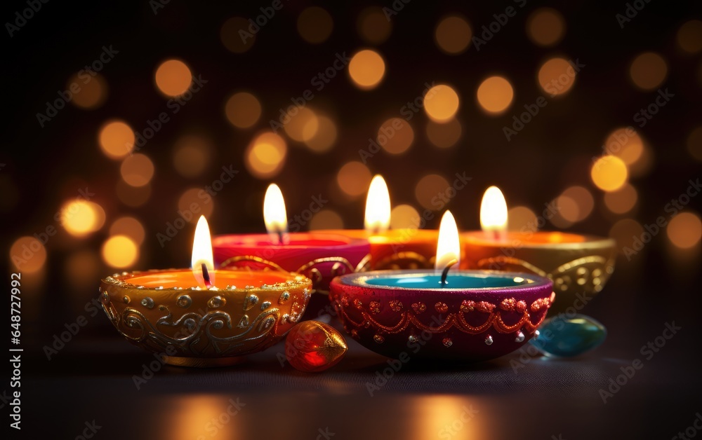 Happy Diwali. Traditional Hindu holiday. burning candles and flowers Diya. Religious holiday of light. Happy Diwali. Traditional Hindu holiday. burning candles and flowers Diya. Religious holiday of light.