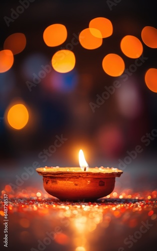 Happy Diwali. Traditional Hindu holiday. burning candles and flowers Diya. Religious holiday of light.
