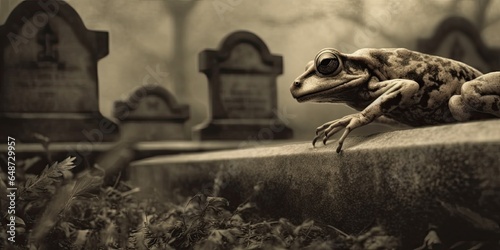 A Frog Resting Near a Gravestone