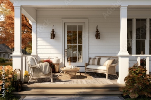 Breathtaking fall autumn front porch with nature views and orange yellow red trees and minimally designed with traditional outdoor patio furniture