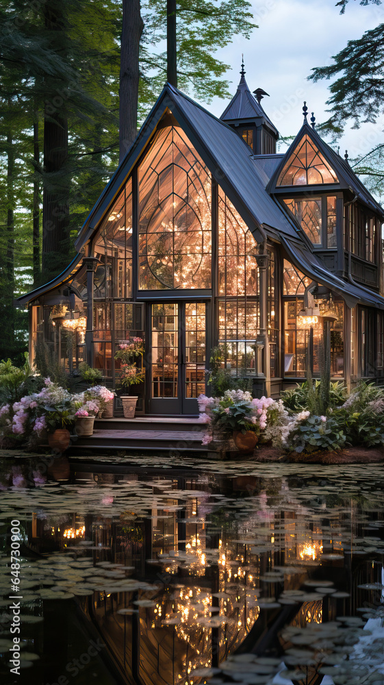 Dusk Serenity: A Victorian Greenhouse by the Lake