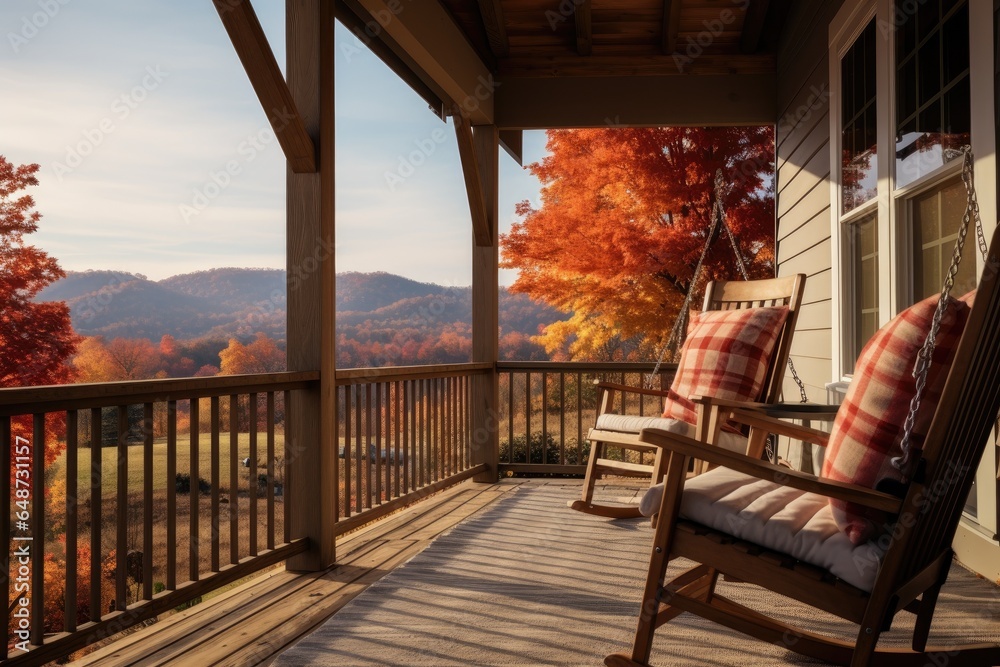 Natural Fall Relaxing Rocking Chairs with Plaid Throw Pillows and Wood Porch Overlooking Mountain Valley Views