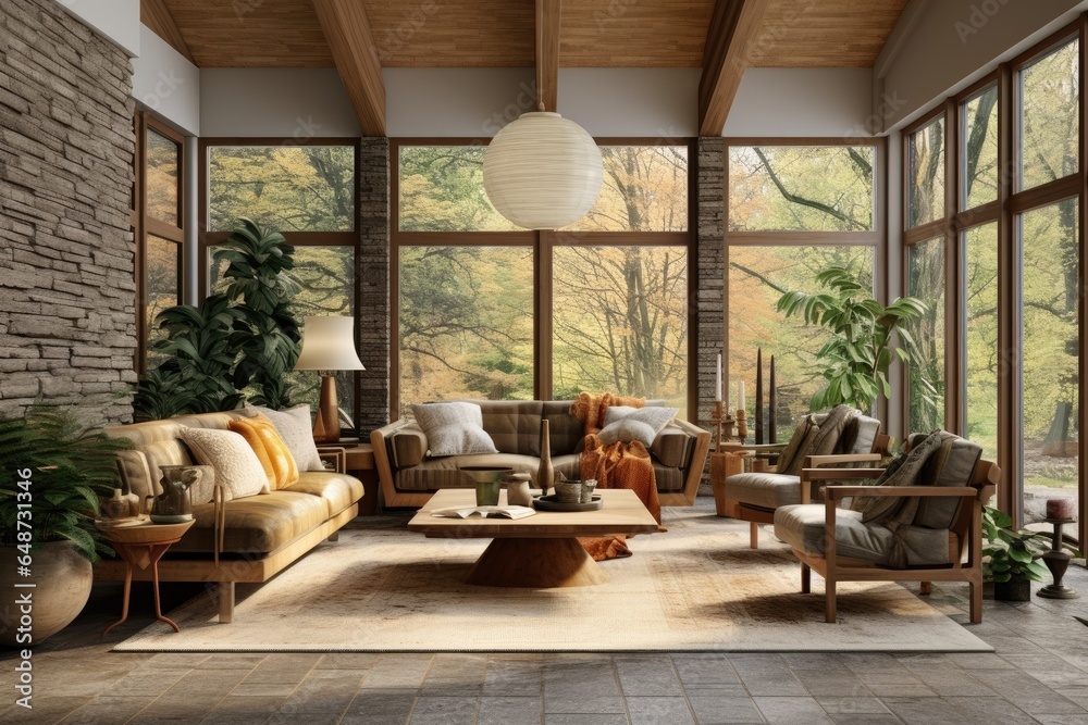Spacious art suite living room sun room interior with floor to ceiling windows earthy organic mid century modern interior with nature views and styled chic boho furniture and light fixture