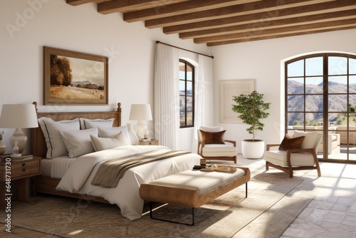 Luxurious Living Spanish Modern Bedroom Suite Interior with Arch Door Frame and Exposed Wood Beams on White Walls © Bryan