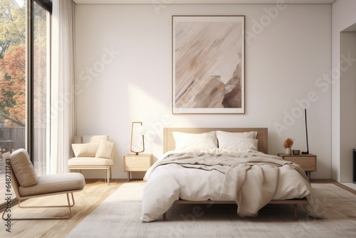 Light Beige and Clean Primary Bedroom Interior with White Comforter and Cozy Pillows © Bryan