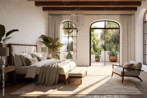 Large Spanish Modern Primary Bedroom Interior with Light and Breezy Bedding with Beautiful Arched Windows with Nature Views and Exposed Wood Beams