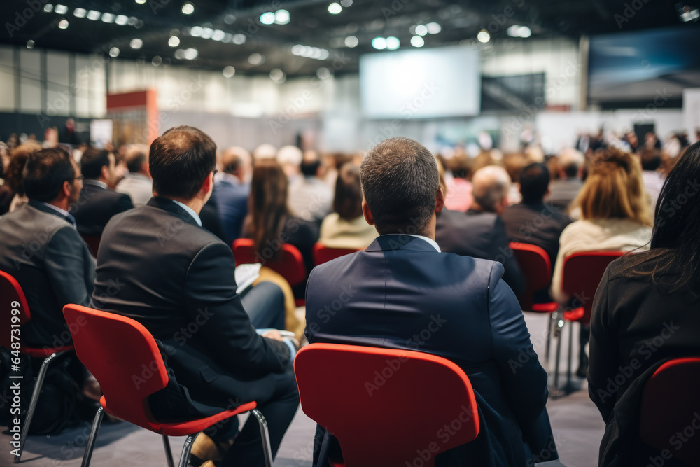 rear view of an audience in a conference hall listening to a business speaker rear view of an audience in a conference hall listening to a business speaker