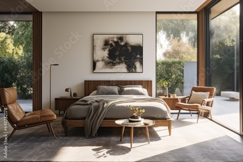Spacious Summer Modern Primary Bedroom Interior with King Wood Bed Frame and Leather Accent Lounge Chairs and Expansive Windows © Bryan