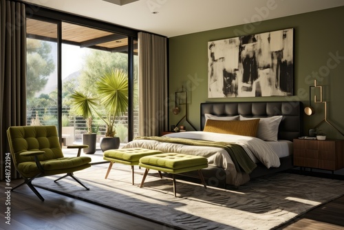 Decorative Residential Home Interior Design with Leather Black Bed Frame and Abstract Artwork. Moss Green Accent Chair with Palm Trees Outside Patio