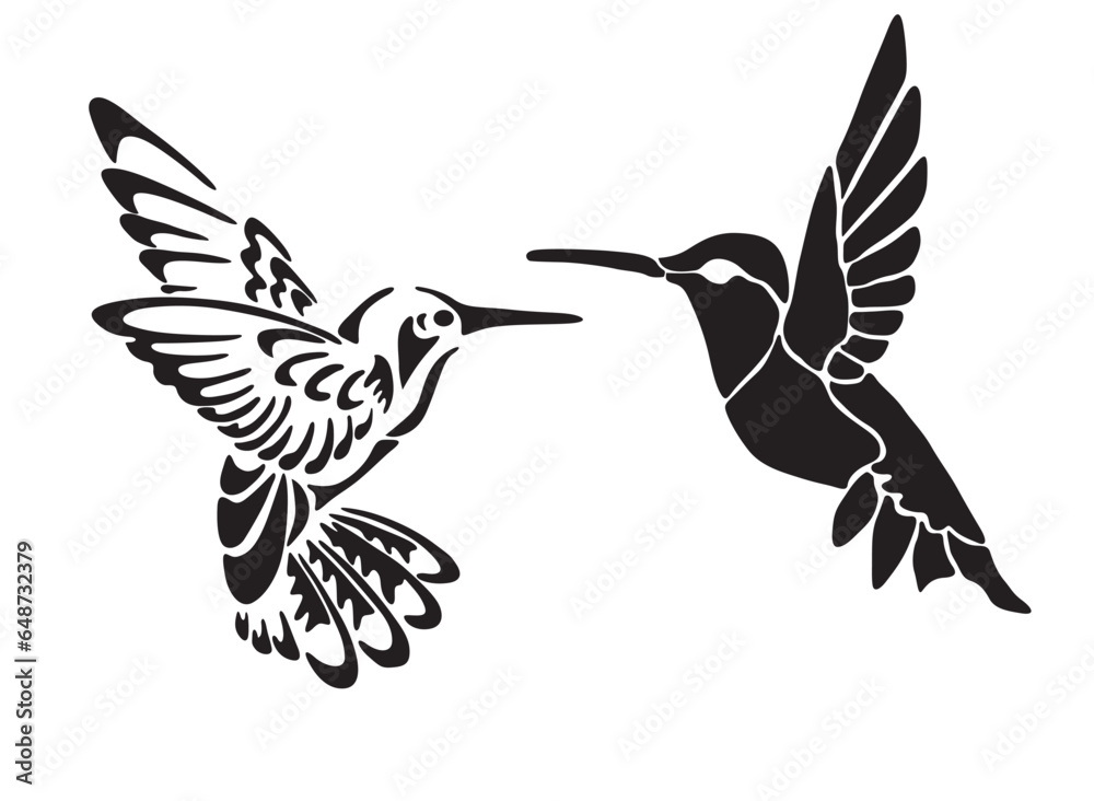 Obraz premium Hummingbird with flying wings. Black and white vector illustration.