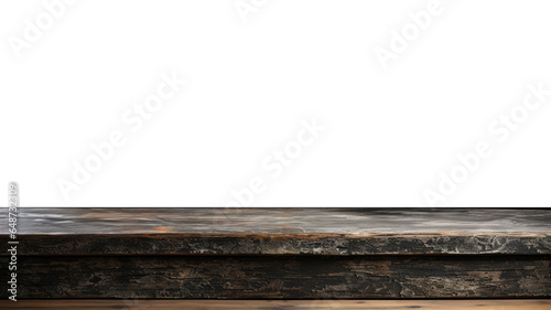 Close-up of the front view of a table constructed from weathered concrete, designed for product placement, with a transparent background 