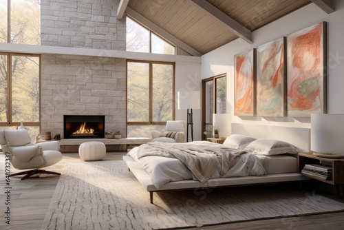 Minimalistic Luxury Bedroom Suite Interior with Orange Abstract Wall Art. Stone Grey Fireplace with White Pouf and Fall Nature Views © Bryan