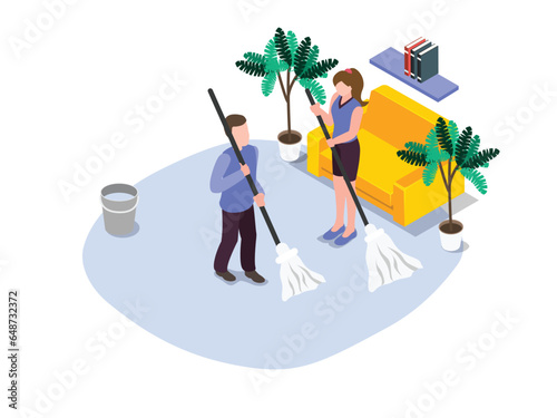 Couple mop the floor together at home