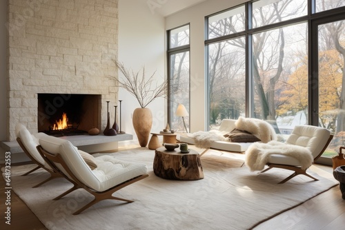 Beautiful Large Modern Living Room Interior with Cozy White Furniture Chairs and Rustic Clay Vase with Dried Branches and Fireplace