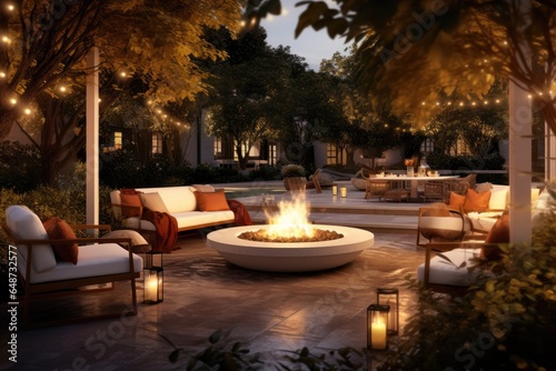 Twilight Patio Entertaining Space with String Lights and Bon Fire Pit with Lounge Chairs and Candle Light Lanterns at Sunset © Bryan