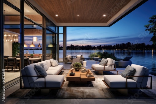 New Modern Luxury Covered Outdoor Entertaining Area Over Lake at Sunset © Bryan