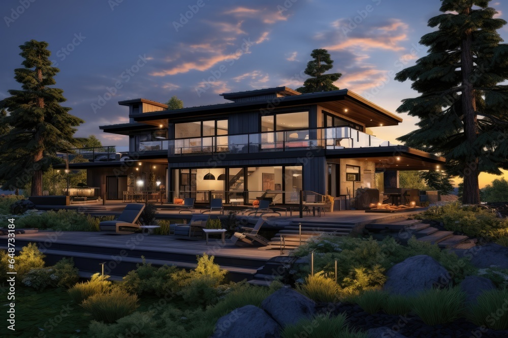 Ultra Modern Black Residential Exterior with Outdoor Entertaining Space in Nature with Outdoor Lighting and Seating Area in Fall