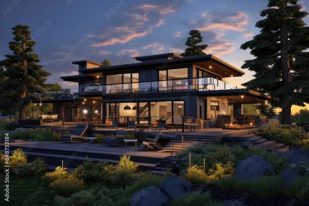 Fototapeta premium Ultra Modern Black Residential Exterior with Outdoor Entertaining Space in Nature with Outdoor Lighting and Seating Area in Fall