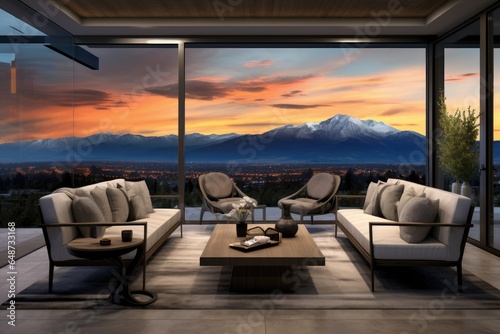 Travel Destination Luxury Modern Living Interior with Grey Neutral Furniture and Floating Coffee Table. Panoramic Views of Mountain Valley Overlooking City Below © Bryan