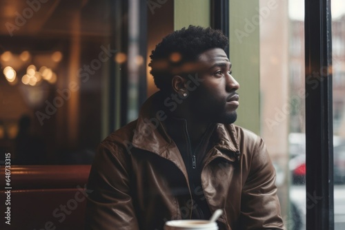 Black Male In Coffeehouse Thinking Background Generative AI photo