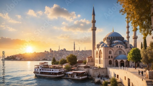 mosque in Sultana Hemet district old town of Istanbul, Turkey, Sunset in Istanbul, Turkey with Mosque, Beautiful sunny view of Istanbul with old mosque in Istanbul, Turkey