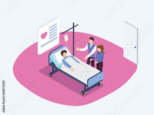 Parents visiting to take care of child sick on bed in hospital
