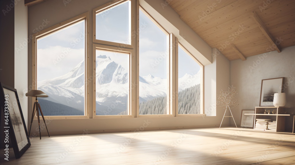Fototapeta premium Bedroom Backgrounds Highlighting Grey Tones and Large Windows with Varied Natural Views.