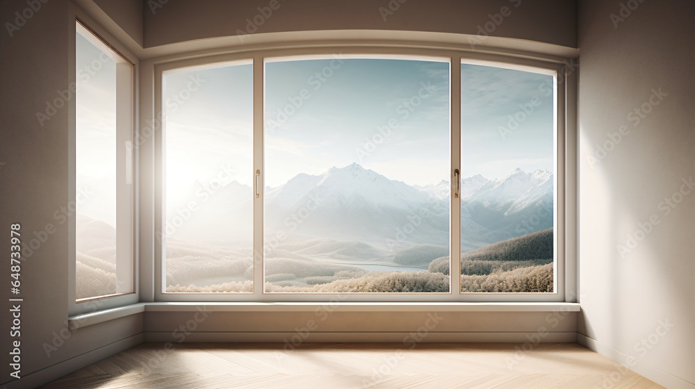 Fototapeta premium Bedroom Backgrounds Highlighting Grey Tones and Large Windows with Varied Natural Views.