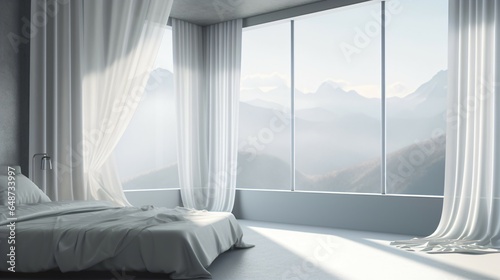 Bedroom Backgrounds Highlighting Grey Tones and Large Windows with Varied Natural Views.